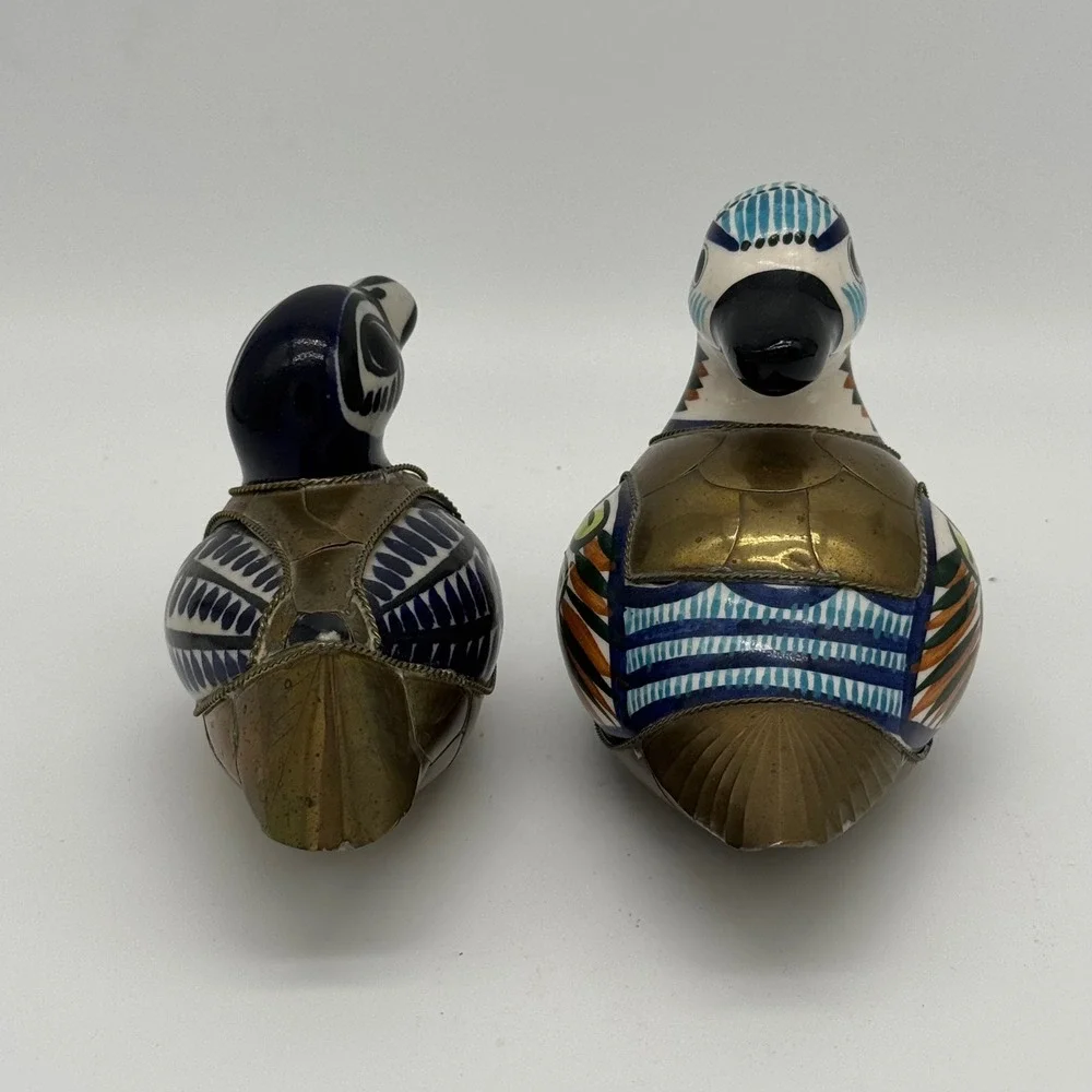 Vtg Tonala Mexico Brass Armored Duck Figurine Pair Set Mixed Media Folk Art 2pc